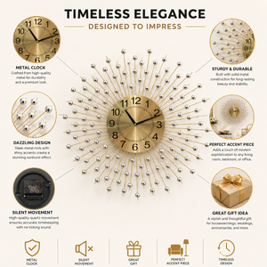 Gold Sunburst Wall Clock, 24 Inch Metal Frame, Mid-Century Modern Decorative Home Accent