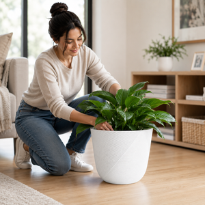 Modern White Round Plastic Planter, 12-Inch Flower Pot for Herbs and Indoor Outdoor Garden Decor