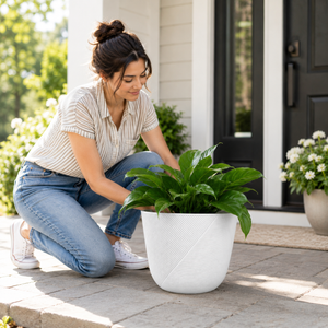 Modern White Round Plastic Planter, 12-Inch Flower Pot for Herbs and Indoor Outdoor Garden Decor