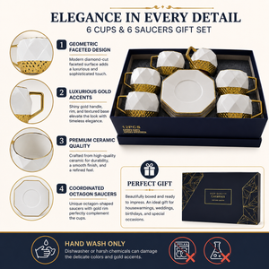 Octagonal White and Gold Coffee Cup and Saucer Set 6+6 Pieces Elegant Geometric Tableware Gift Set by Sona Casa