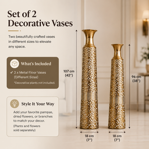 Set of 2 Gold Tapered Floral Metal Vases for Home Decor, Modern Elegant Centerpiece Accent, 17.7x17.7x106.7cm & 17.7x17.7x95.3cm