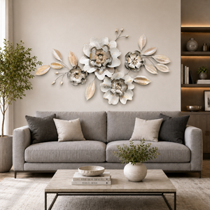 Large 1.5m Metal 3D Floral Wall Art Sculpture in Brushed Silver, White & Gold – Modern Flower Wall Decor for Living Room & Bedroom-Sona Casa