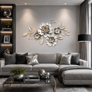 Large 1.5m Metal 3D Floral Wall Art Sculpture in Brushed Silver, White & Gold – Modern Flower Wall Decor for Living Room & Bedroom-Sona Casa