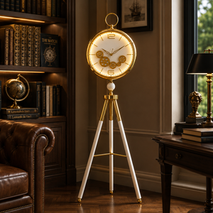 Modern White LED Tripod Floor Clock with Moving Gears, Industrial Style Home Decor Accent