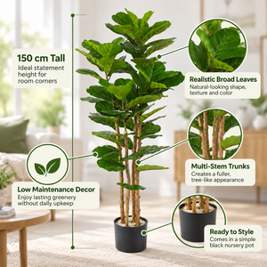 150 cm Artificial Fiddle Leaf Fig Tree Indoor Lifelike Faux Plant with Green Leaves in Black Pot for Home & Office Decor - Accent Collection