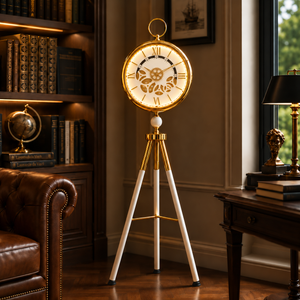 Modern White LED Tripod Floor Clock with Moving Gears, Industrial Style Home Decor Accent - Accent Collection