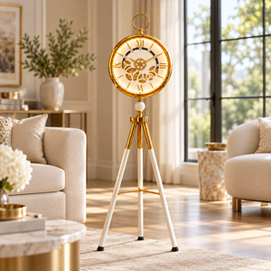 Modern White LED Tripod Floor Clock with Moving Gears, Industrial Style Home Decor Accent - Accent Collection