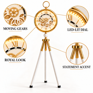 Modern White LED Tripod Floor Clock with Moving Gears, Industrial Style Home Decor Accent - Accent Collection