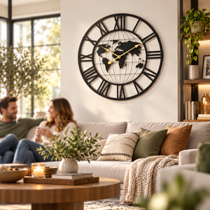 Round Metal Wall Clock, Black Embedded World Map, 24" Silent Roman Numeral Decorative Clock, Home Office Decor-Sona Casa