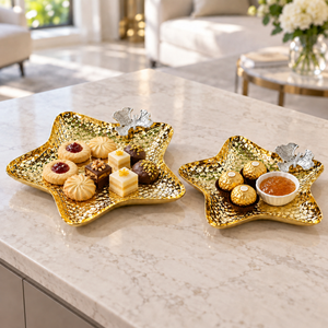 2 Pc Star Shaped Metal Tray Set in Matte Black Finish, Decorative Serving and Accent Trays, 28.5x28.5x4 & 24x24x4 cm