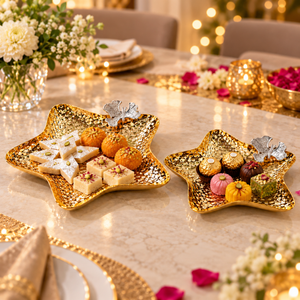 2 Pc Star Shaped Metal Tray Set in Matte Black Finish, Decorative Serving and Accent Trays, 28.5x28.5x4 & 24x24x4 cm