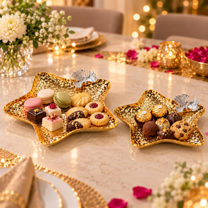 2 Pc Star Shaped Metal Tray Set in Matte Black Finish, Decorative Serving and Accent Trays, 28.5x28.5x4 & 24x24x4 cm