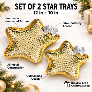 2 Pc Star Shaped Metal Tray Set in Matte Black Finish, Decorative Serving and Accent Trays, 28.5x28.5x4 & 24x24x4 cm