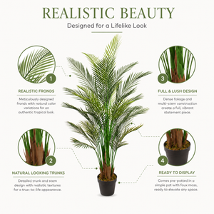 6 ft Artificial Areca Palm Tree with Lifelike Green Leaves, Black Sturdy Base, Realistic Indoor Home & Office Decor-Sona Casa