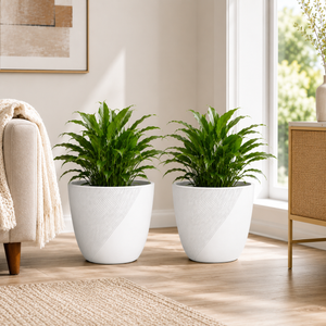 Set of 2 White Round 12-Inch Planter Pots - Modern Minimalist Indoor Outdoor Plant Containers - Accent Collection