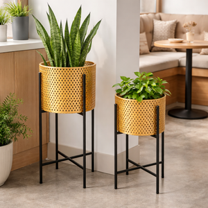 Pair of Large Metal Planter Pots, 24 and 22 inch Tall Indoor Planters with Sturdy Stands, Home Office Decor by Sona Casa