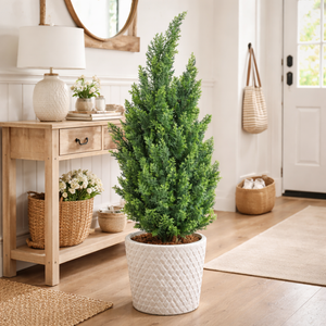 Artificial Tree Lemon Cypress, 120 cm Cedar Tree in Black Pot Stable Base Indoor Home, Office Patio, Living Room Decor by Sona Casa