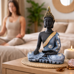 Small Buddha Statue, 8" Black Meditating Decorative Desk Sculpture, Living Room Home Office Zen Decor, Spiritual Gifts by Sona Casa