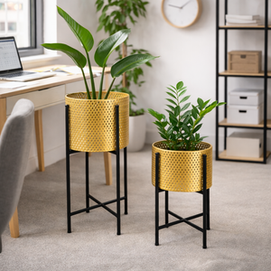 Pair of Large Metal Planter Pots, 24 and 22 inch Tall Indoor Planters with Sturdy Stands, Home Office Decor by Sona Casa