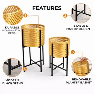 Pair of Large Metal Planter Pots, 24 and 22 inch Tall Indoor Planters with Sturdy Stands, Home Office Decor by Sona Casa