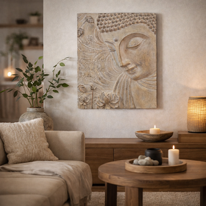Buddha Wall Art for Living Room, 3D Wall Art, 22" Beige Wall Decor by Sona Casa