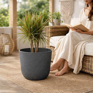 Modern Round Plastic Planter, 12-Inch Slate Gray Flower Pot, Home Office Garden Patio Porch Decor by Sona Casa