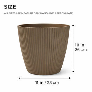 Modern Round Plastic Planter, 11 inch Brown Flower Pots with Drainage Hole, Home Office Garden Decor by Sona Casa