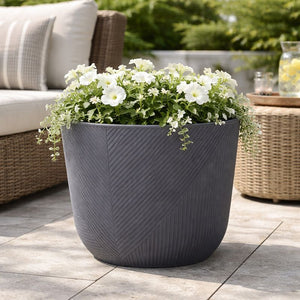 Modern Round Plastic Planter, 12-Inch Slate Gray Flower Pot, Home Office Garden Patio Porch Decor by Sona Casa