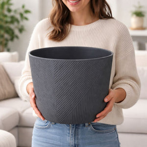 Modern Round Plastic Planter, 12-Inch Slate Gray Flower Pot, Home Office Garden Patio Porch Decor by Sona Casa