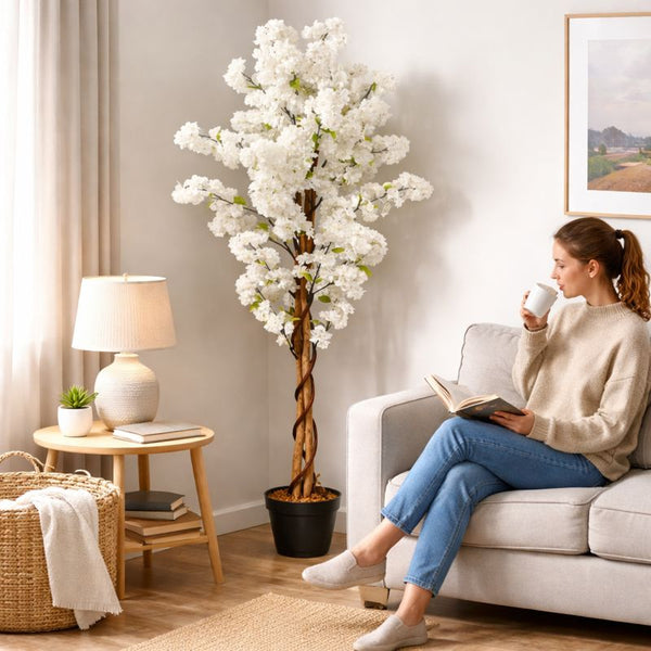 Large Artificial Tree, 55" White Sichuan Cherry Blossom, Nearly Natural Fake Plant, Indoor Outdoor Decor for Garden, Patio, Front Porch