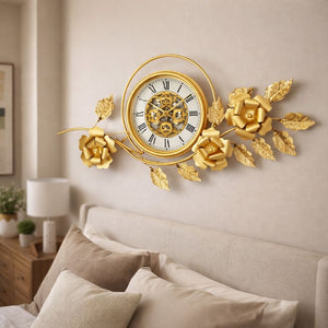 Large Gold Metal Wall Clock, Floral Silent-Sona Casa