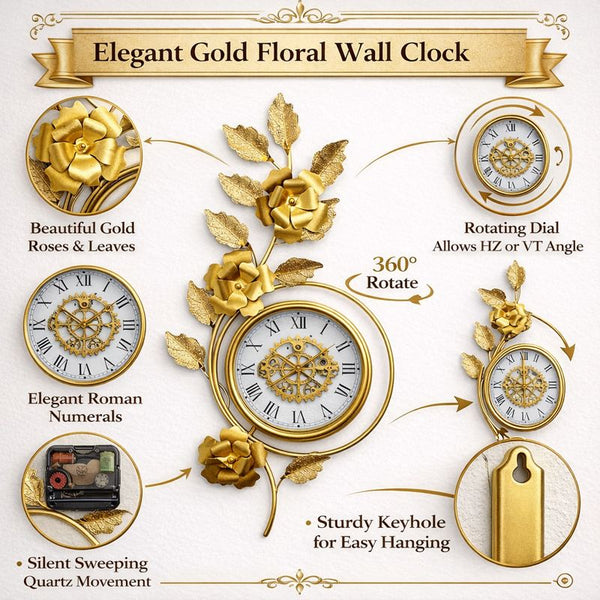 Large Gold Metal Wall Clock, Floral Botanical Silent Clock, 42 inch Vertical Horizontal Orientation-Sona Casa