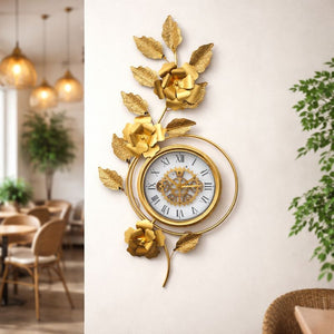 Large Gold Metal Wall Clock, Floral Botanical Silent Clock, 42 inch Vertical Horizontal Orientation-Sona Casa