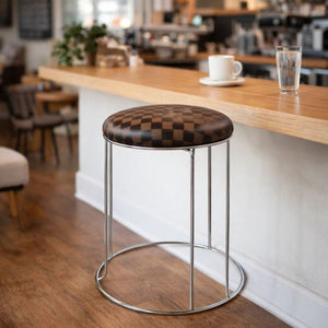 Petite Lightweight Brown Black Pattern Stool with Silver Frame, Fabric Seat Compact Living Room Accent Home Decor by Sona Casa