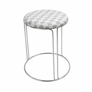 Petite Lightweight White Gray Pattern Stool with Silver Frame, Fabric Seat Compact Living Room Accent Home Decor by Sona Casa