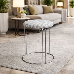 Petite Lightweight White Gray Pattern Stool with Silver Frame, Fabric Seat Compact Living Room Accent Home Decor by Sona Casa