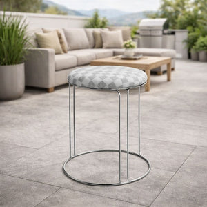 Petite Lightweight White Gray Pattern Stool with Silver Frame, Fabric Seat Compact Living Room Accent Home Decor by Sona Casa
