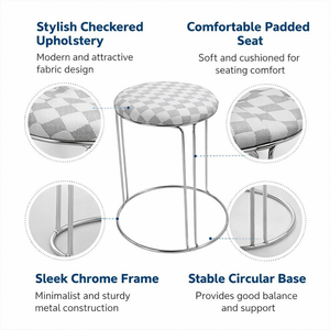 Petite Lightweight White Gray Pattern Stool with Silver Frame, Fabric Seat Compact Living Room Accent Home Decor by Sona Casa