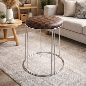 Petite Lightweight Brown Black Pattern Stool with Silver Frame, Fabric Seat Compact Living Room Accent Home Decor by Sona Casa