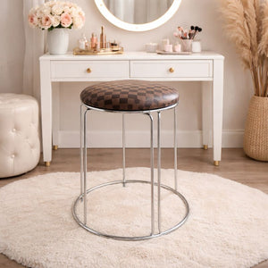 Petite Lightweight Brown Black Pattern Stool with Silver Frame, Fabric Seat Compact Living Room Accent Home Decor by Sona Casa