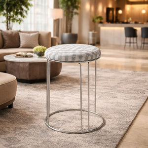 Petite Lightweight White Gray Pattern Stool with Silver Frame, Fabric Seat Compact Living Room Accent Home Decor by Sona Casa