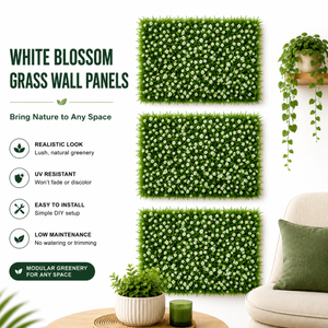 Green Artificial Grass Wall Panels with White Baby’s Breath Flowers, 40x60cm Decorative Floral Wall Art for Home Decor