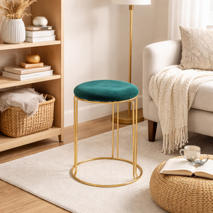 Petite Lightweight Green Stool with Gold Frame, Fabric Seat Compact Living Room Accent Home Decor - Accent Collection