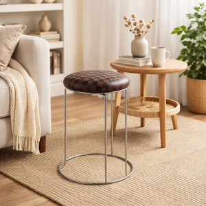 Petite Lightweight Brown Black Pattern Stool with Silver Frame, Fabric Seat Compact Living Room Accent Home Decor - Accent Collection