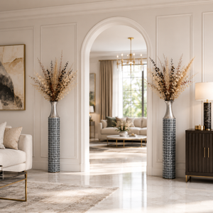 Set of 2 Tall Silver Metal Floor Vases with Modern Minimalist Design, 15x15x107 cm, Elegant Home Decor Accent