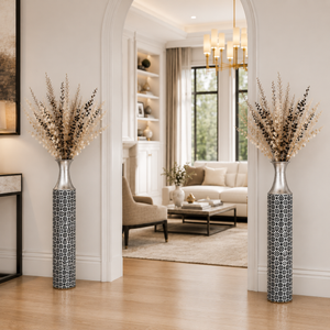 Set of 2 Tall Silver Metal Floor Vases with Modern Minimalist Design for Elegant Home Decor 14x14x95 cm