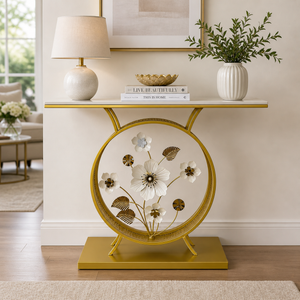 Marble Console Table with Round Floral Base, Elegant White and Gold Accent, 100x35x78 cm Premium Home Decor Accent