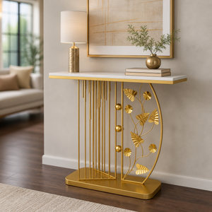 Modern Gold Console Table with Designer Base, Sleek Metallic Finish, Ideal for Entryway or Living Room Decor