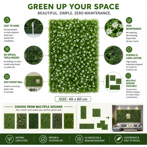 Green Artificial Grass Wall Panels with White Baby’s Breath Flowers, 40x60cm Decorative Floral Wall Art for Home Decor by