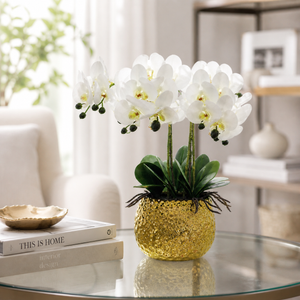 Elegant Gold Ceramic Vase with Artificial White Orchid Design, Glossy Finish, 17x42cm, Premium Home Decor Accent